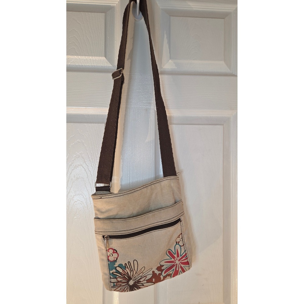 Thirty-One Canvas Crossbody Bag Beige Floral Print Adjustable Strap Multi-Pocket